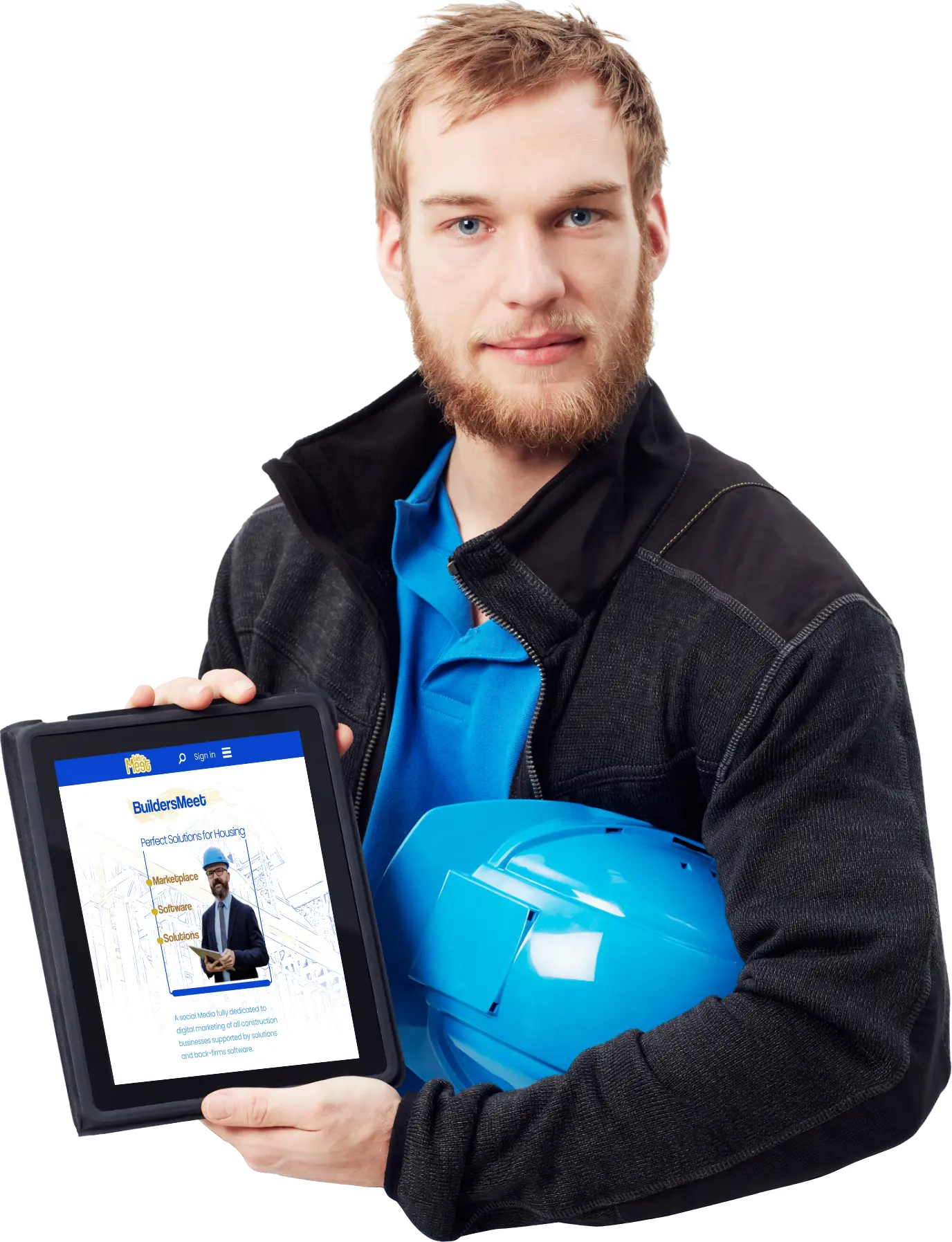 Construction worker with helmet and iPad, displaying BuildersMeet homepage